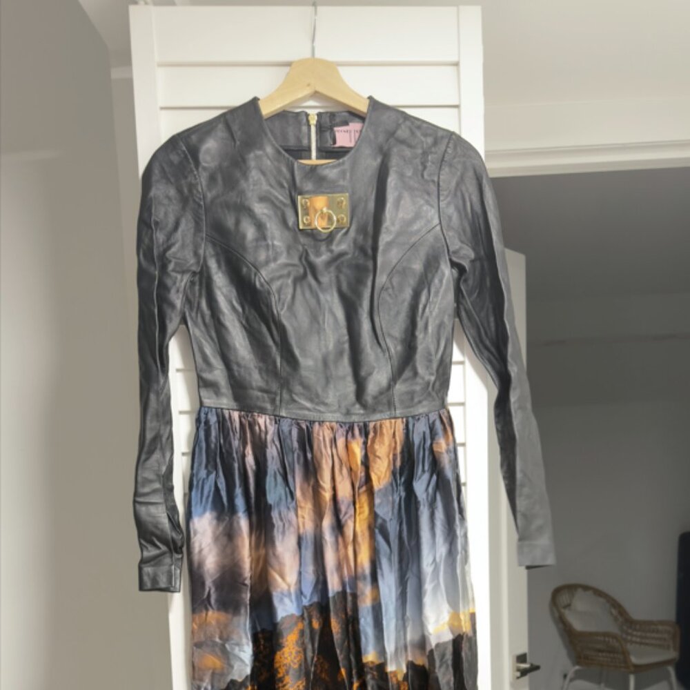Zeynep Tosun Leather Bodice Maxi Dress – Gold Hardware, Printed Skirt, Designer